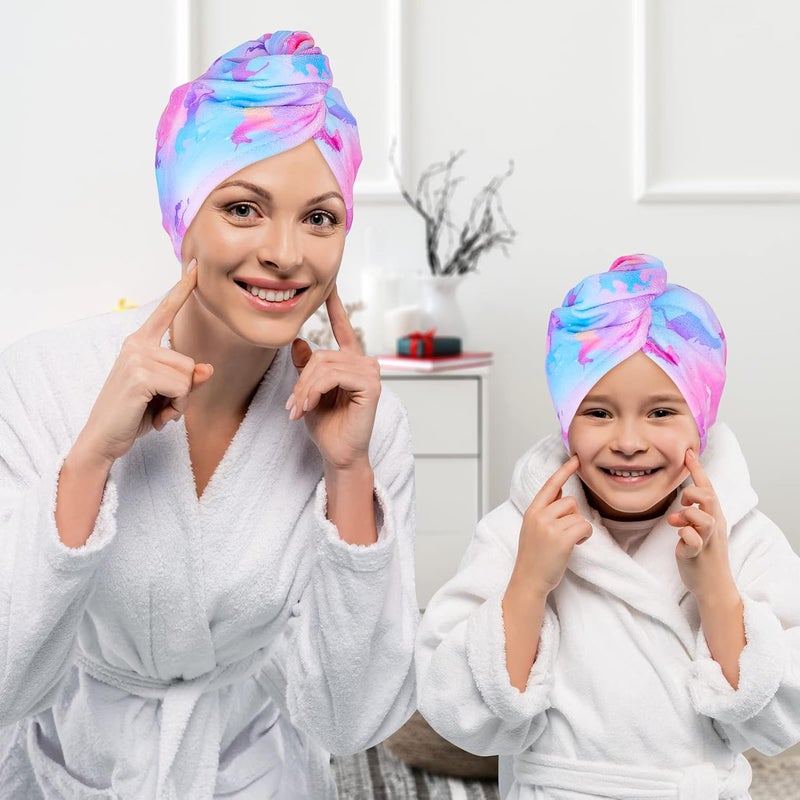 Basumee Microfiber Hair Towel Wrap for Kids 2 Pack Rapid Drying Hair Towel with Button Hair Turbans for Wet Hair Wraps Head Towel Wrap for Women and Girls, Rainbow Unicorn - Image 2